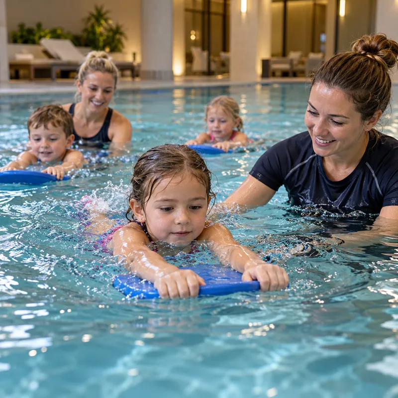Kind übt Schwimmbewegungen in einer kleinen Gruppe