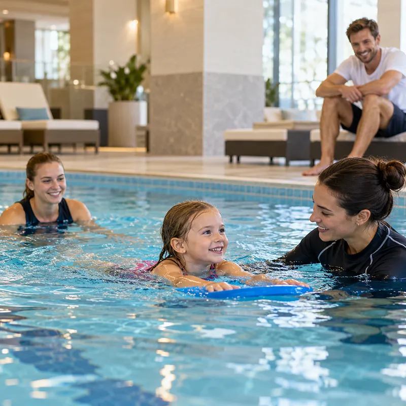Schwimmkurs für Kinder im Hotelpool während des Familienurlaubs