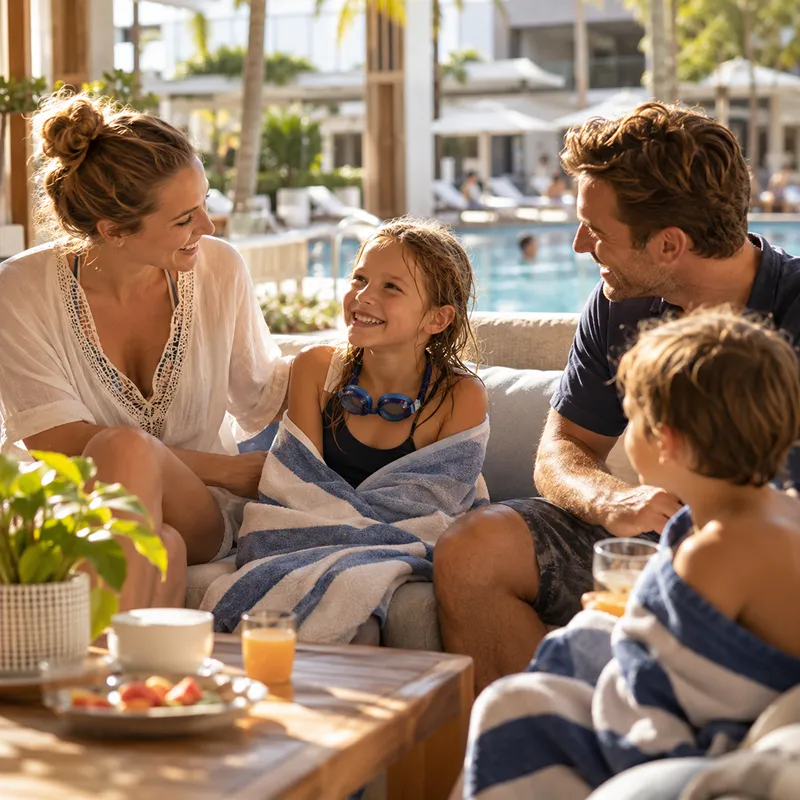 Familie plant einen weiteren Urlaub mit Schwimmkurs