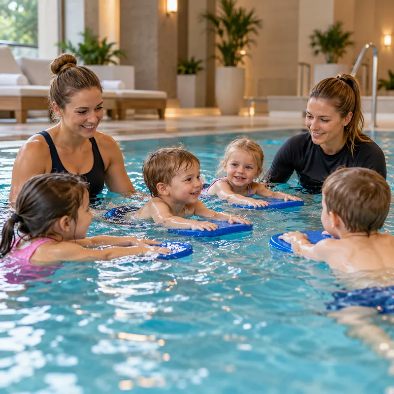 Schwimmlehrerin und Helferin betreuen Kinder im Hotelpool