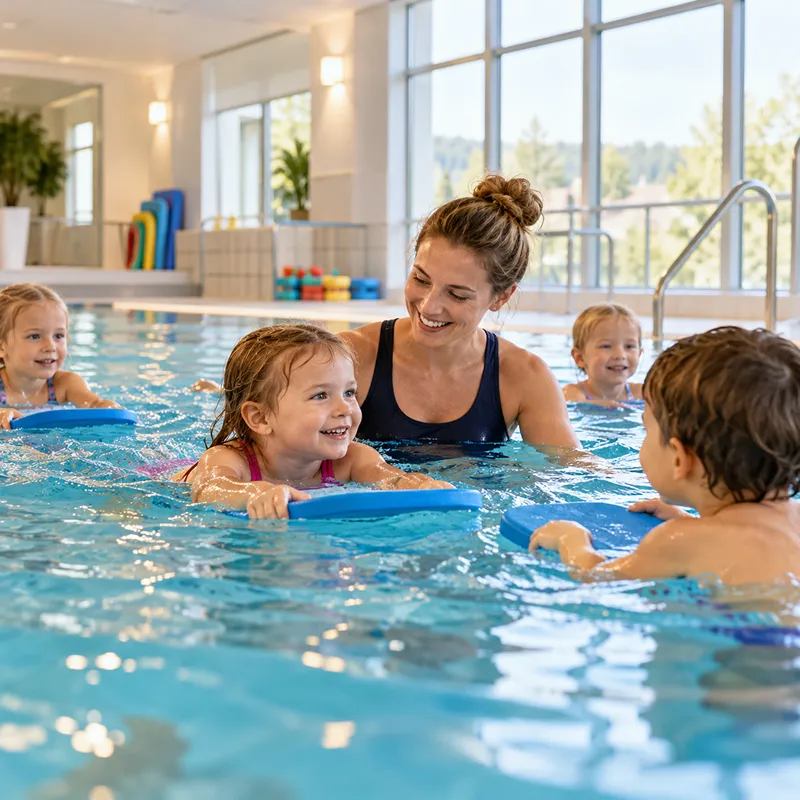 Kleine Kinderschwimmgruppe mit Schwimmlehrerin und Helferin