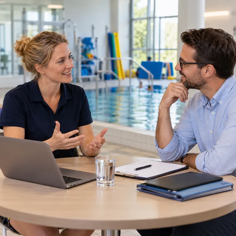 Gespräch über Nutzung eines Klinikbewegungsbads für Schwimmkurse