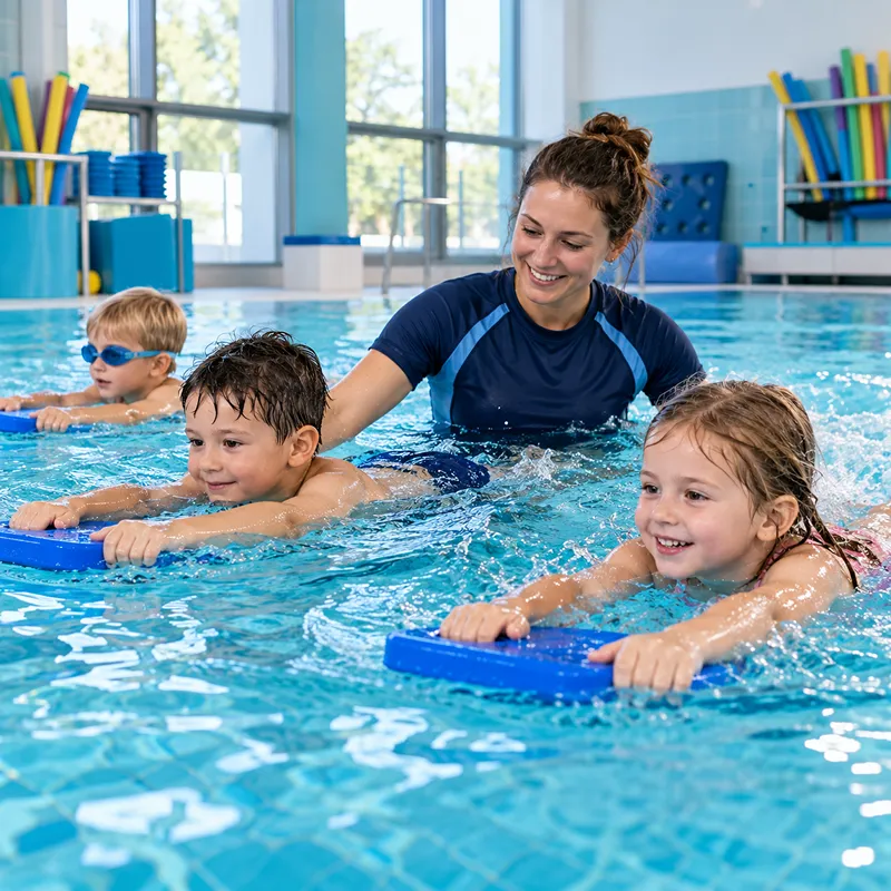 Schwimmlehrer begleitet ein Kind im Wasser – Bad Bertrich