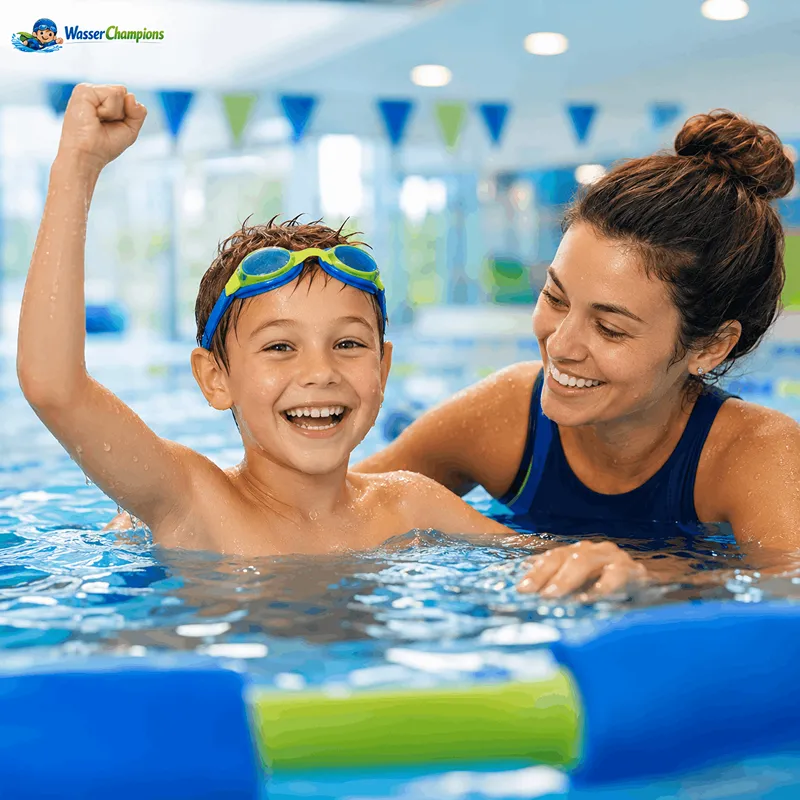 Schwimmlehrer begleitet ein Kind im Wasser – Bad Grund (Harz)