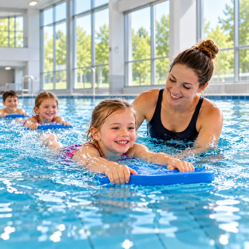 Schwimmlehrer begleitet ein Kind im Wasser – Bad Schmiedeberg