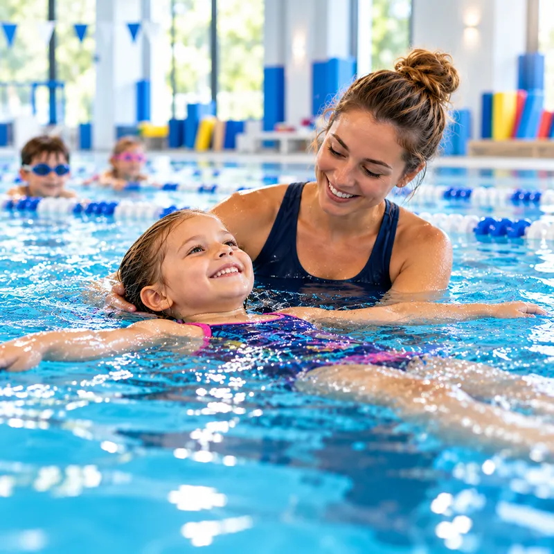 Schwimmlehrer begleitet ein Kind im Wasser – Bad Wildbad