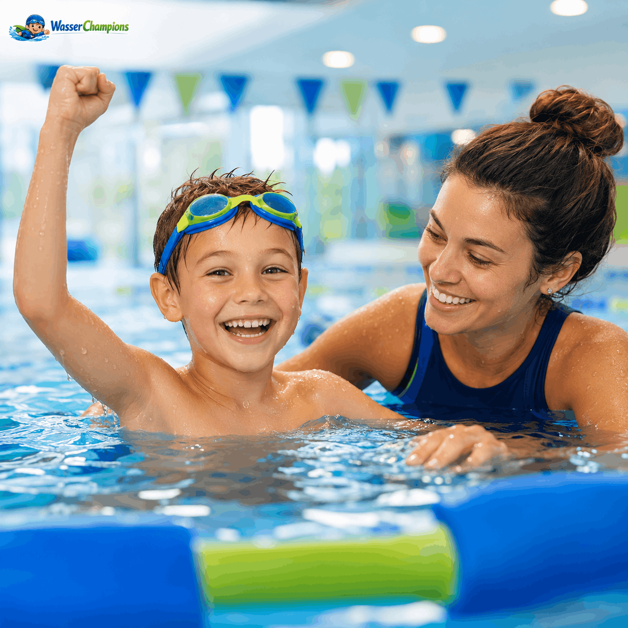 Schwimmlehrer hilft Kindern beim sicheren Schwimmenlernen